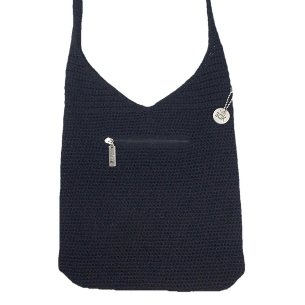 The Sak Crochet Bucket Handbag Black 2 Pockets  Magnetic Closure Silver
